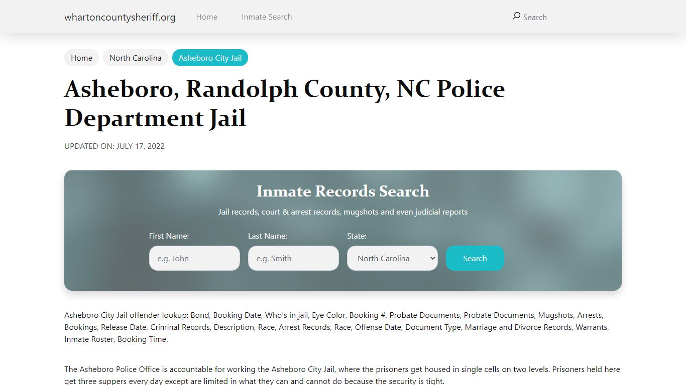 Asheboro, NC City Jail Inmates, Arrests